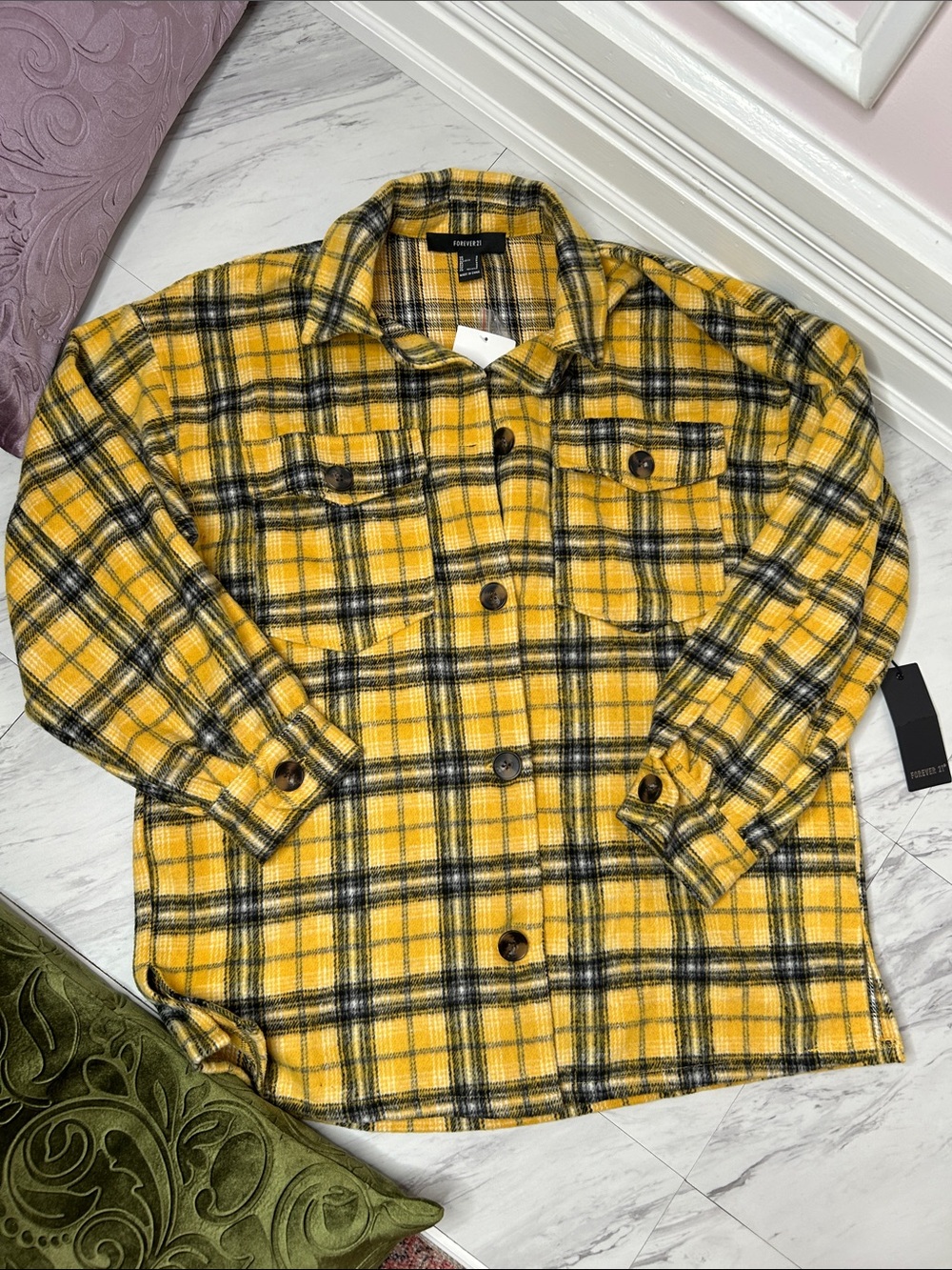 Forever21 Yellow Plaid Button-Up Shacket